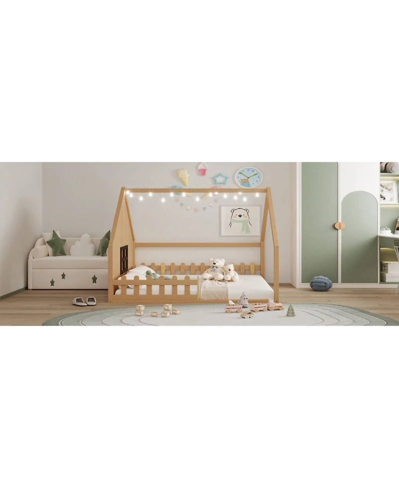 flynama Full Size Wood House Bed Window Fence