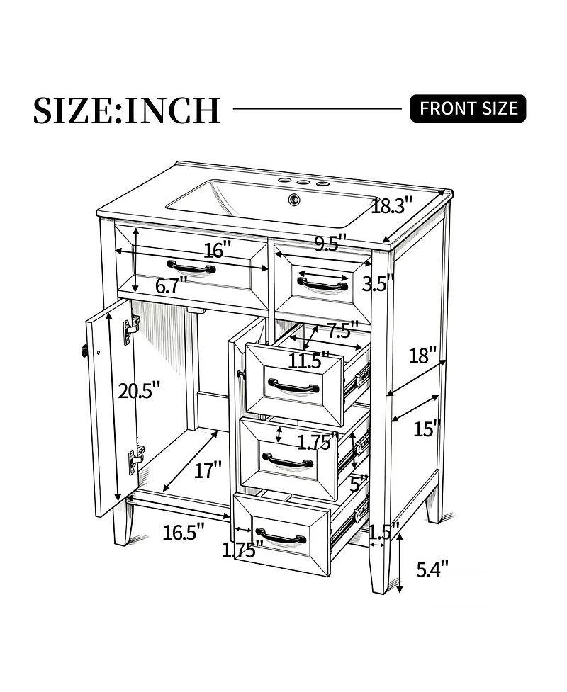 Sillysis 30 Inch Bathroom Vanity with Sink, Modern Freestanding Cabinet, Solid Wood Legs, Ceramic Top and 3 Drawers Storage