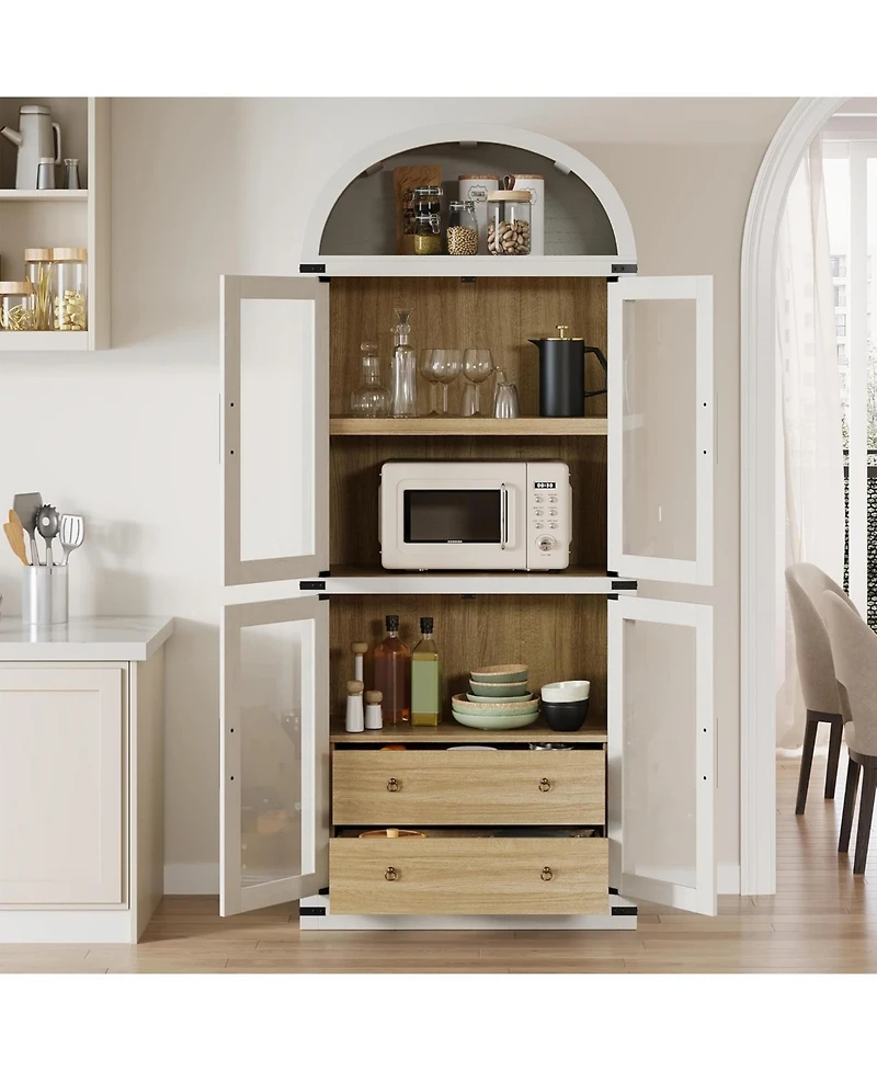 gaomon Arched Farmhouse Bookshelf with Glass Doors and Drawers, Display Cabinet with Metal Corners