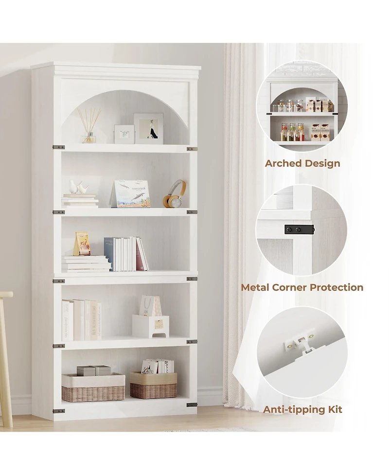 gaomon 68.7" Tall Farmhouse Arched 5-Tier Wooden Bookcase, Curved Storage Rack