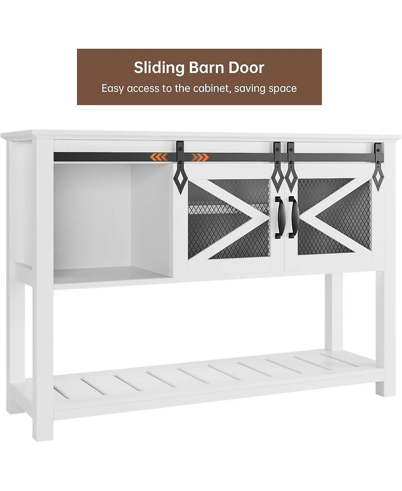 gaomon farmhouse entryway table with sliding barn doors, rustic industrial console with storage and open shelf for hallway or living room.
