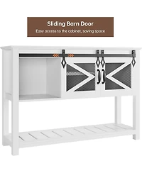 gaomon farmhouse entryway table with sliding barn doors, rustic industrial console with storage and open shelf for hallway or living room.