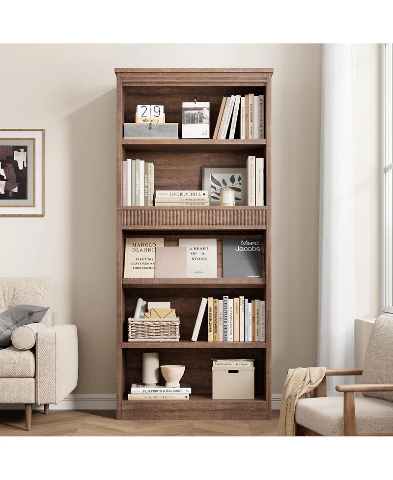 gaomon Vintage 5-Tier Wooden Bookshelf, Double Fluted Design Tall Bookcase