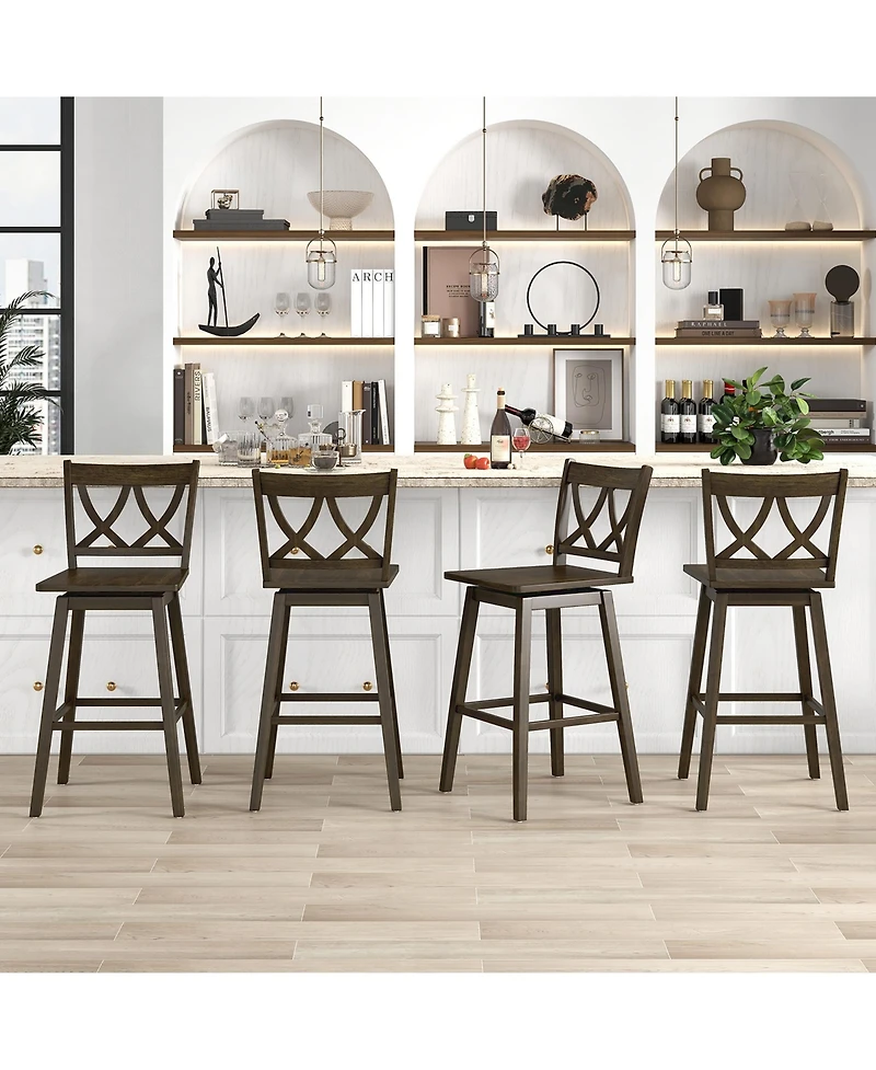Gymax Bar Stool Set of 4 w/Rubber Wood Frame Swivel Seat Ergonomic Backrest