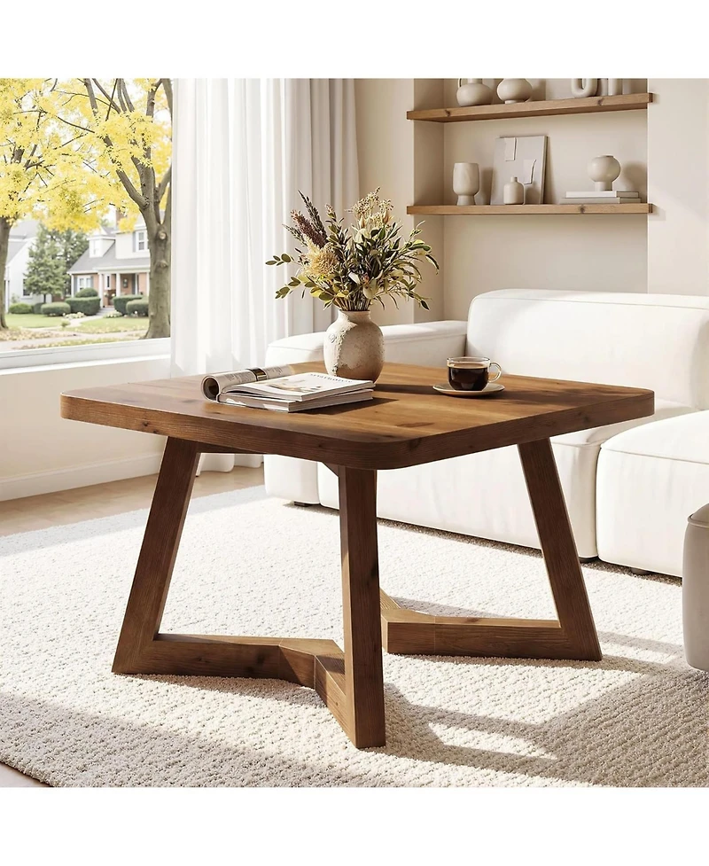 Tribesigns 31.5" Solid Wood Square Coffee Table, Farmhouse Accent Cocktail Tea Table with Double Geometric Pedestal