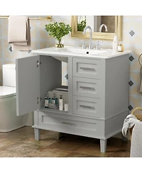 Sillysis Sage Green Bathroom Vanity with Ceramic Sink, Freestanding Solid Wood Mdf Cabinet, 3 Drawers Soft Close Door for Small Bathrooms