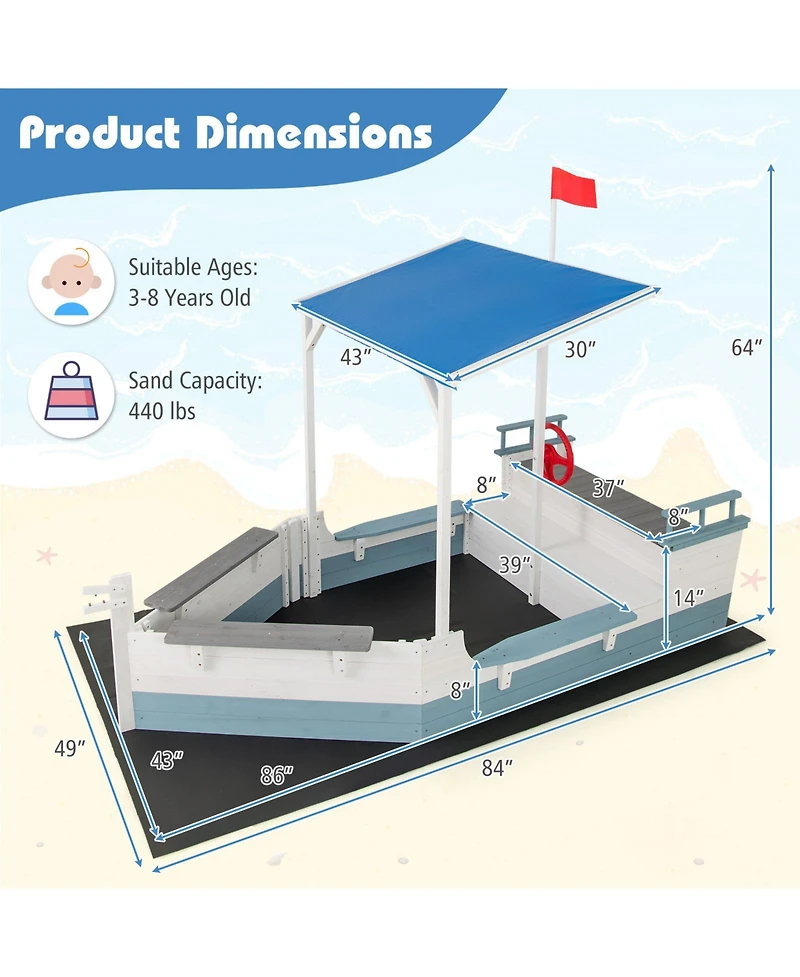 Slickblue Kids Pirate Ship Sandbox with Shade Canopy and Bench Seating