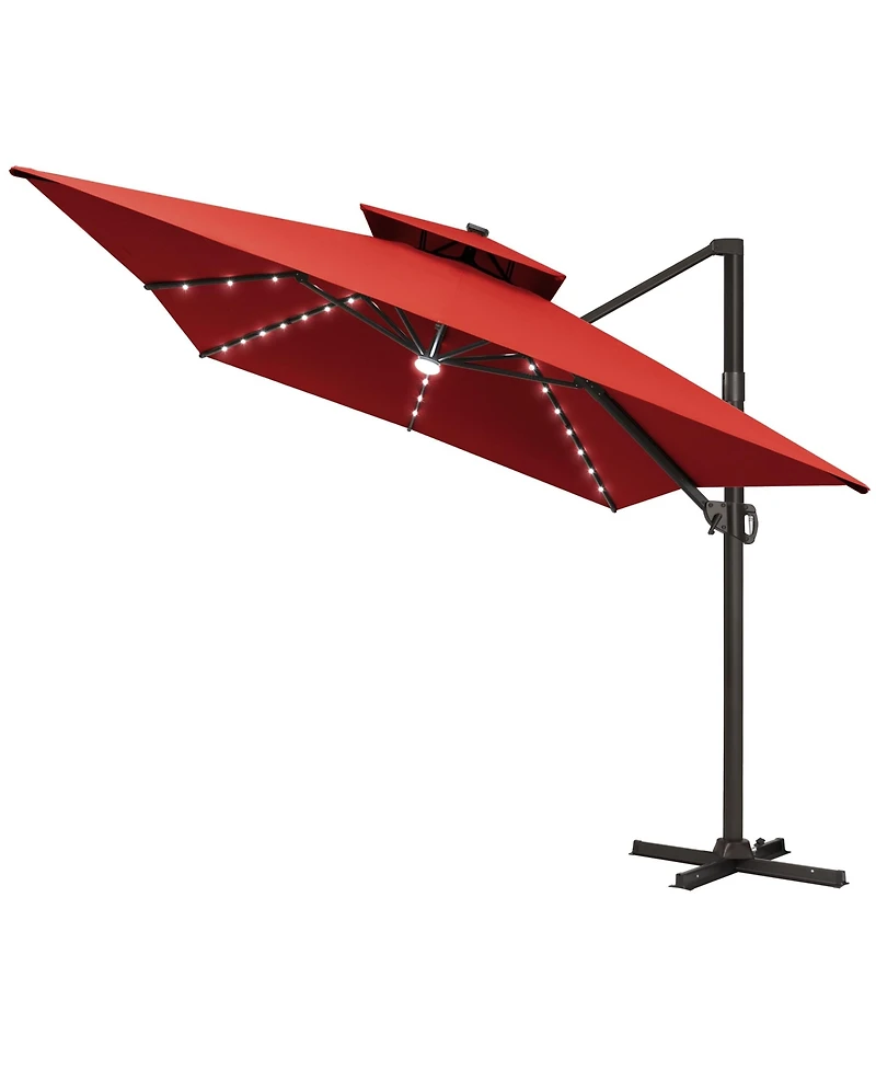 Pellebant Outdoor Patio 10X13FT Aluminum Double Canopy Led Solar Lights Cantilever Umbrella