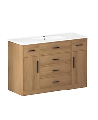 Sillysis 48" Light Oak Bathroom Vanity with Resin Top, 6 Drawers and 2 Soft Close Doors, Transitional Storage for Modern