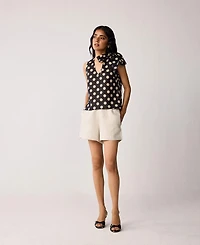 Reistor Women's Regular V-Neck Polka Dot Top with Bow Detail