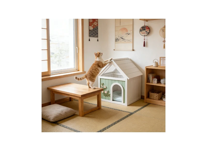 Zeus and Ruta Fsc Cedar Pet House Transparent Roof Floral Carvings Indoor Cat Dog Shelter