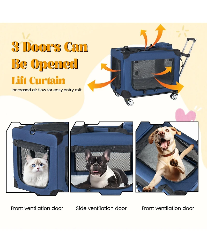 Zeus and Ruta 24/28 in. 2 in 1 Rolling Cat Carrier with Wheels 24 Inch Collapsible Travel Crate Portable Kennel