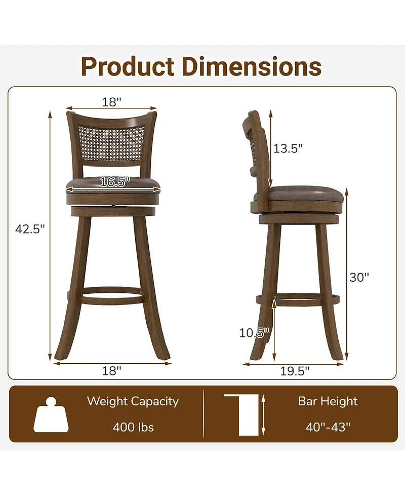 Sugift Swivel Counter Height Bar Stools Set of Two with Rattan Back