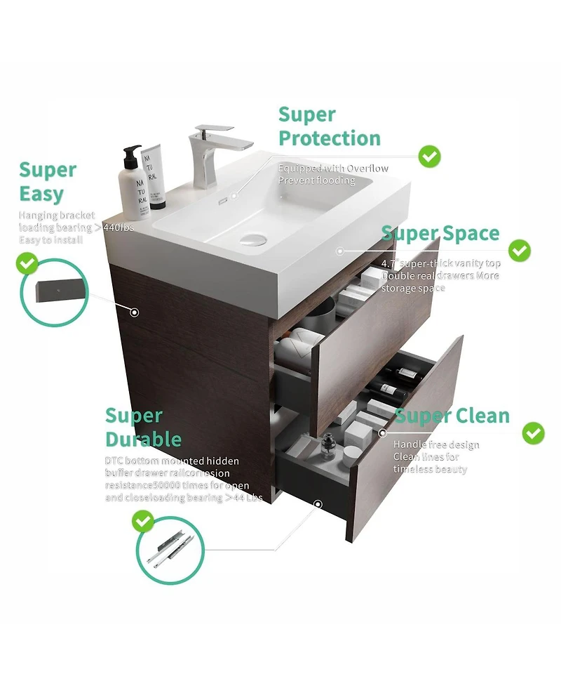 Sillysis 24" Modern Walnut Floating Bathroom Vanity with Sink, Wall Mounted Design with Large Storage, Pre Assembled, No Faucet