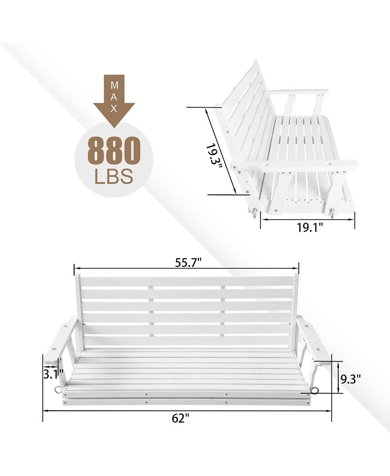 Mega Casa 3-Seater 5FT Extra Large Wooden Porch Swing, Ergonomic Seat, Bench Swing Heavy Duty 880 Lbs, for Outdoor Patio Garden Yard