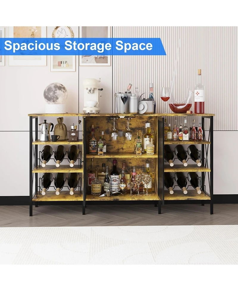 gaomon Farmhouse Wine Bar Cabinet with Wine Rack and Glass Holder, Industry Coffee Bar with Led Light, Metal Sideboard and Liquor Table Cabinet,Mesh