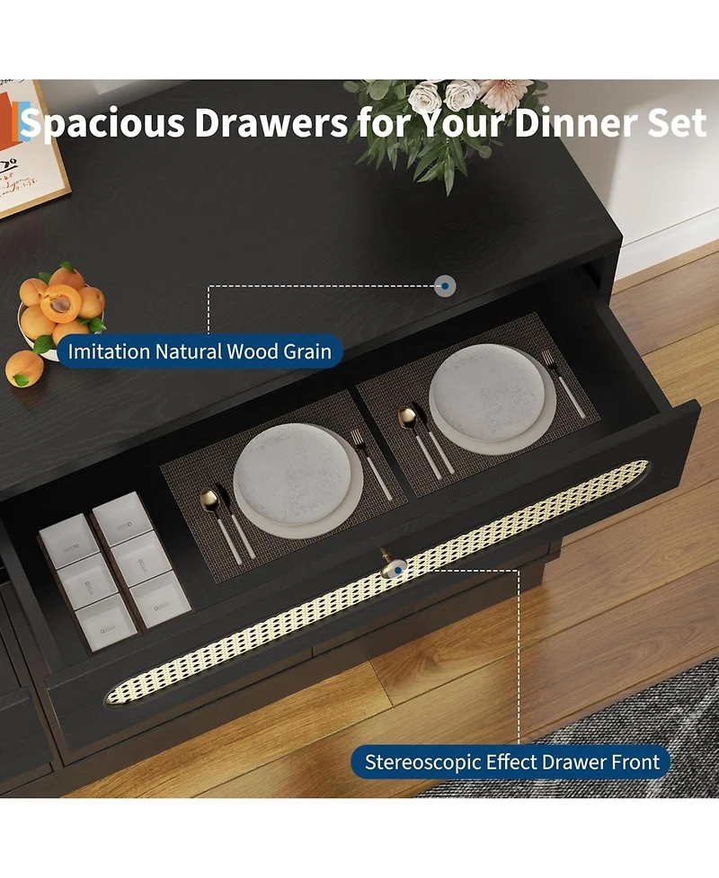 gaomon 60" Rattan Sideboard Cabinet with 2 Drawers and 4 Doors, Adjustable Shelves Buffet