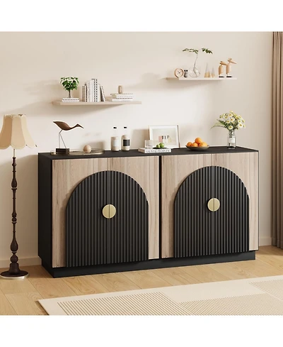 gaomon 65" Buffet Sideboard Cabinet with Fluted Design And Arched Doors, Wood Console Table Vintage Coffee Bar Cabinet with Storage