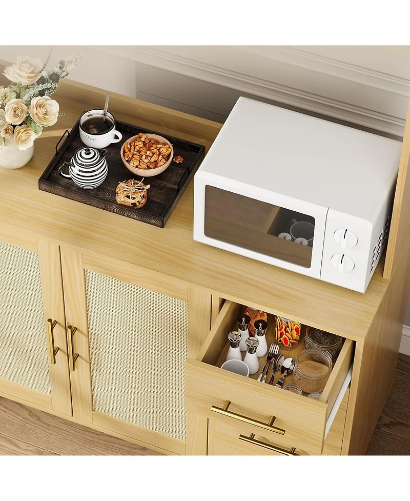 gaomon 71 in Tall Kitchen Pantry Cabinet with Microwave Shelf, Rattan Freestanding Storage Cabinet with 3 Drawers, Adjustable Shelves and 6 Hooks