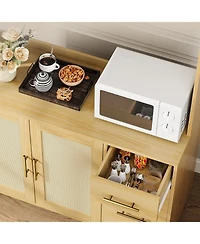 gaomon 71 in Tall Kitchen Pantry Cabinet with Microwave Shelf, Rattan Freestanding Storage Cabinet with 3 Drawers, Adjustable Shelves and 6 Hooks