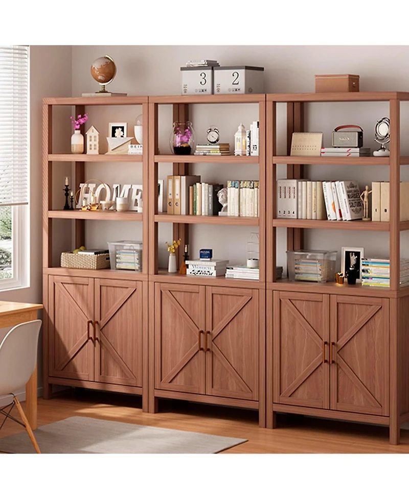 gaomon 71 inch Tall Bookshelf 5Tier Bookcase Barn Doors and Adjustable Shelves, Wood Farmhouse Book Case with Storage Cabinet, Freestanding Book Shelf