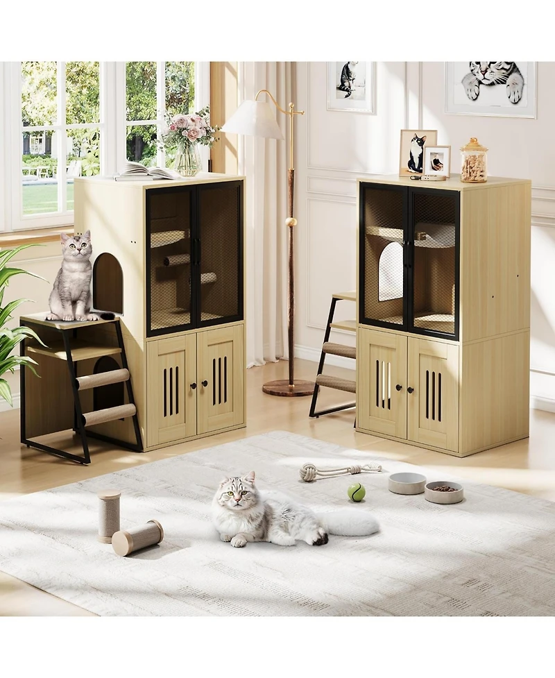 gaomon Cat Litter Box Furniture, 2 Tier Enclosed Furniture with Doors, Hidden Storage and Ladder