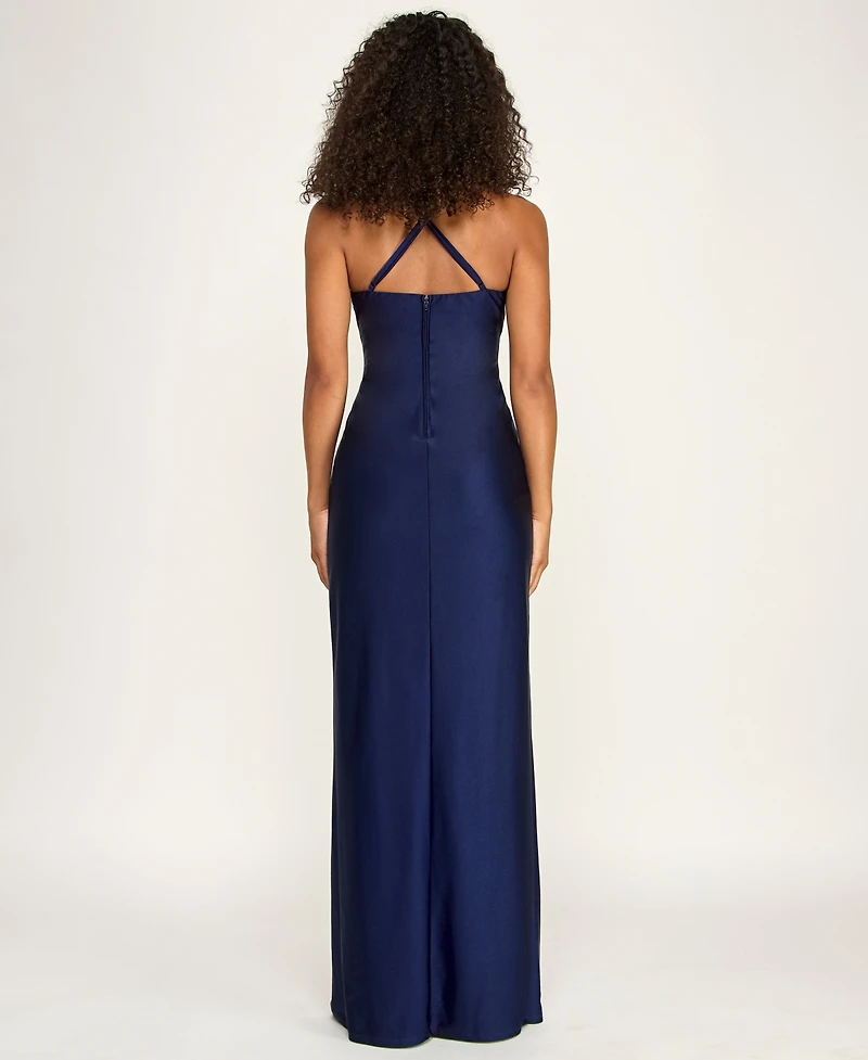 pear culture Juniors' Stretch V-Neck Side Slit Long Gown
