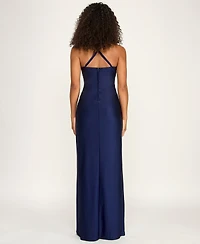 pear culture Juniors' Stretch V-Neck Side Slit Long Gown