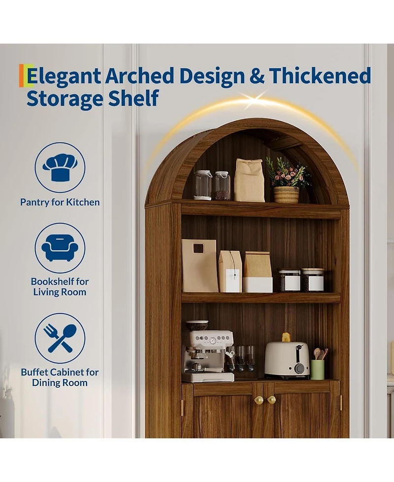 gaomon 72" Tall Wood Arched Storage Cabinet - 5-Shelf Kitchen Pantry with Doors & Open Shelves, Versatile Standing Bookcase Cupboard