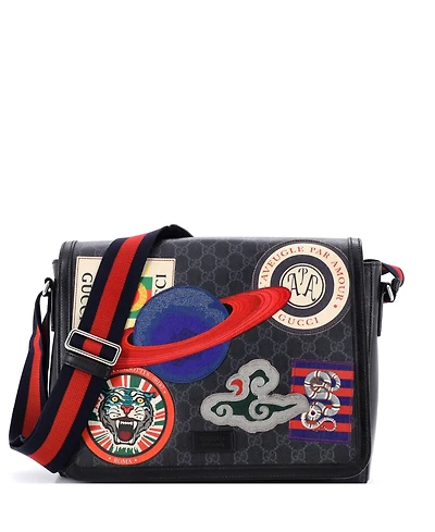 Pre-Owned Gucci Large Night Courrier Flap Messenger Gg Coated Canvas with Applique