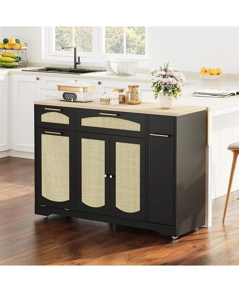 gaomon Rattan Rolling Kitchen Island Table on Wheels with Drop Leaf, Tilt Out Trash Can Cabinet 2 Door, Storage Cabinet, Drawer, Spice Rack