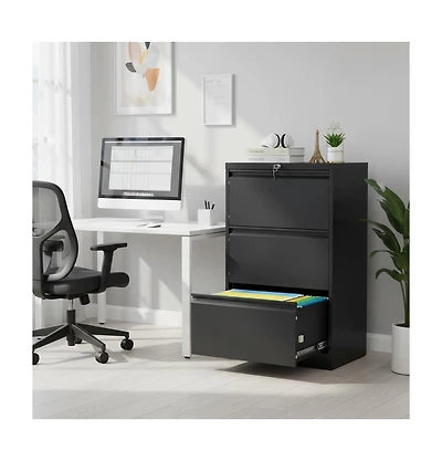 gaomon 3 Drawer Lateral File Cabinet, Heavy Duty Metal Filing Cabinet with Locks for Home Office, Black Cabinets Business Card Holder