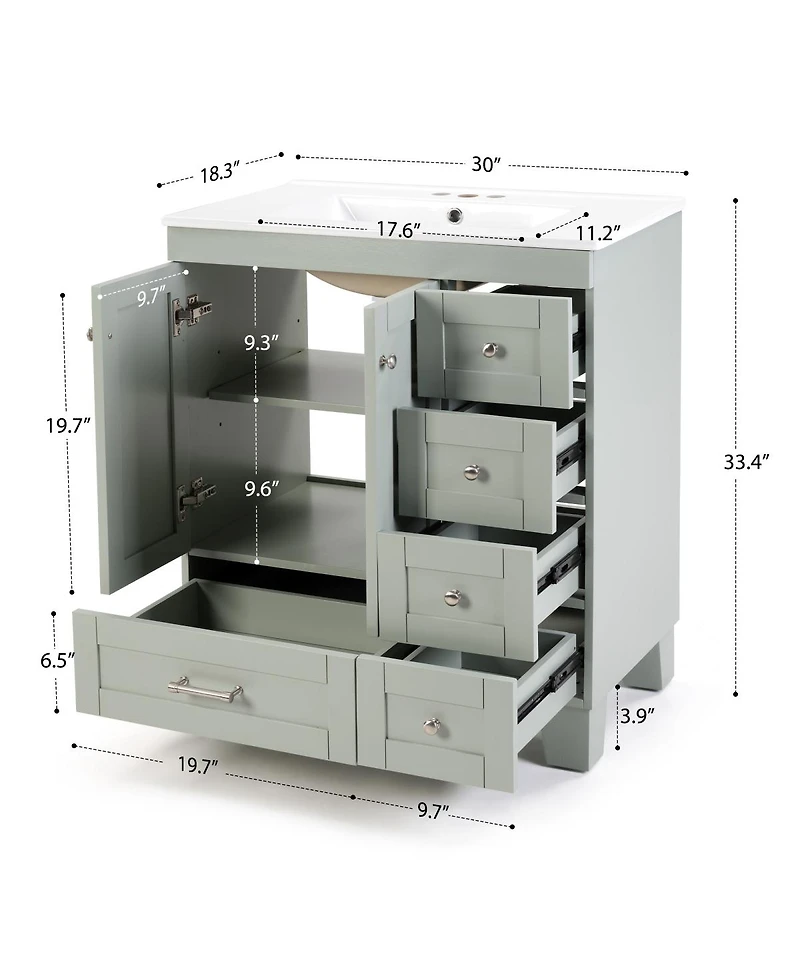 Sillysis 30" Bathroom Vanity with Ceramic Sink, Solid Wood Frame, Pull-Out Drawers, Adjustable Storage, Soft Close Slides