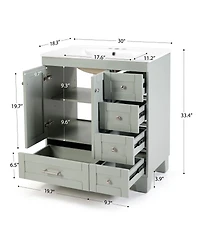 Sillysis 30" Bathroom Vanity with Ceramic Sink, Solid Wood Frame, Pull-Out Drawers, Adjustable Storage, Soft Close Slides