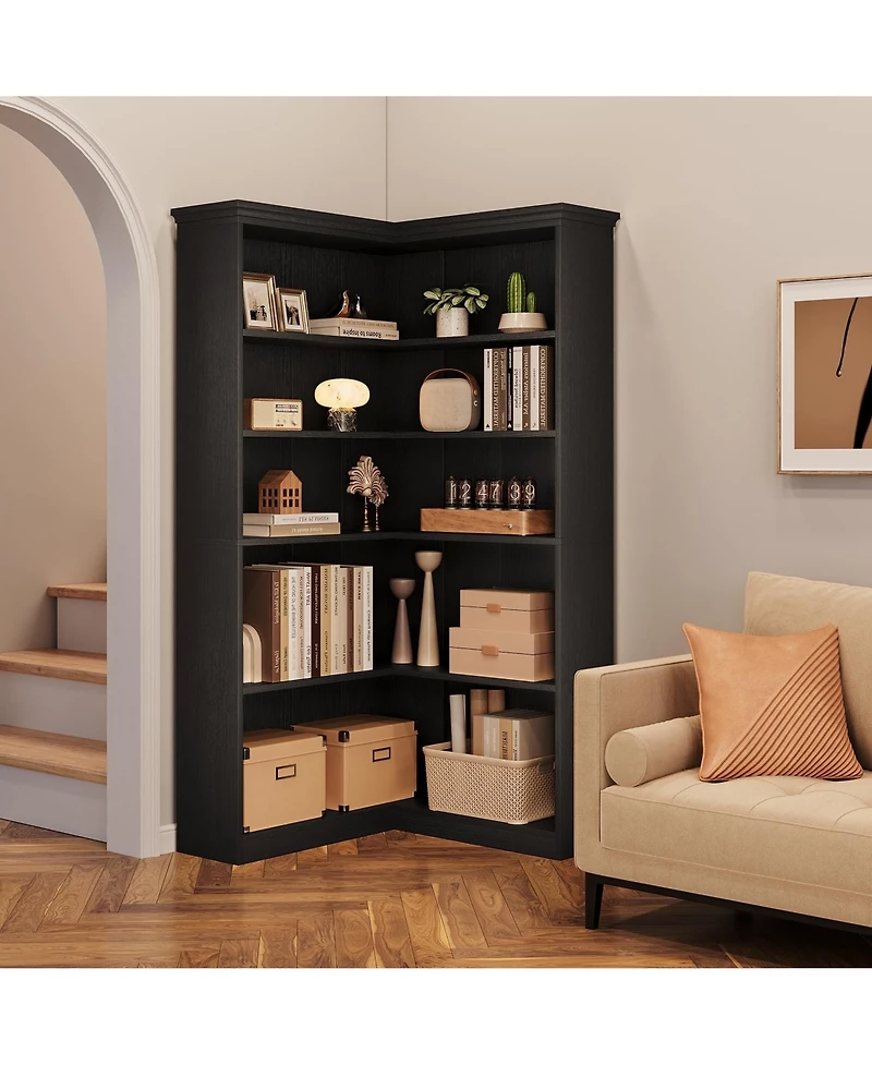 gaomon 72.8" Tall 5-Tier L-Shaped Wooden Corner Bookshelf with Open Storage