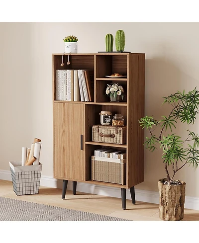 gaomon 4-Tier Mid-Century Small Wooden Bookcase with Legs and Door, Freestanding Cube Storage