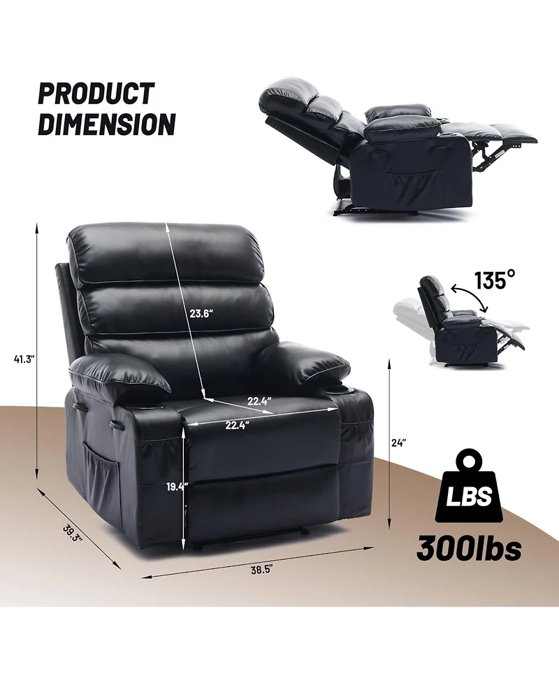 gaomon Pu Leather Recliner: Extra-wide manual recliner with massage, heat, and 1.5× plush arm/back support for ultimate living-room comfort.