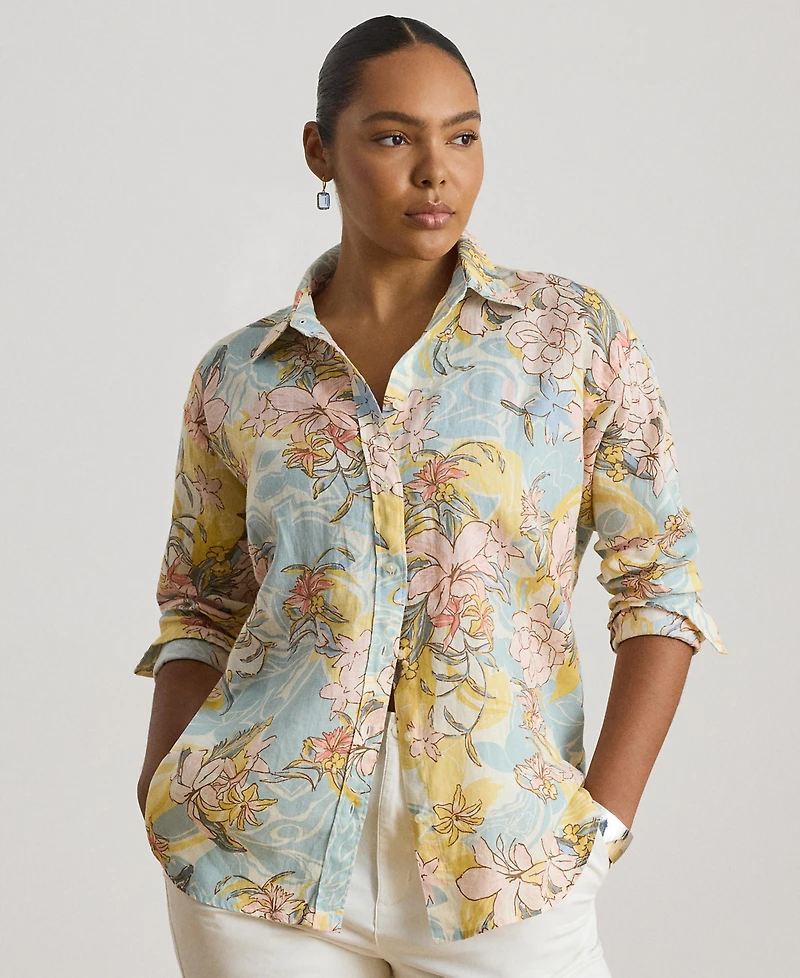 Lauren Ralph Plus Relaxed-Fit Floral Linen Shirt