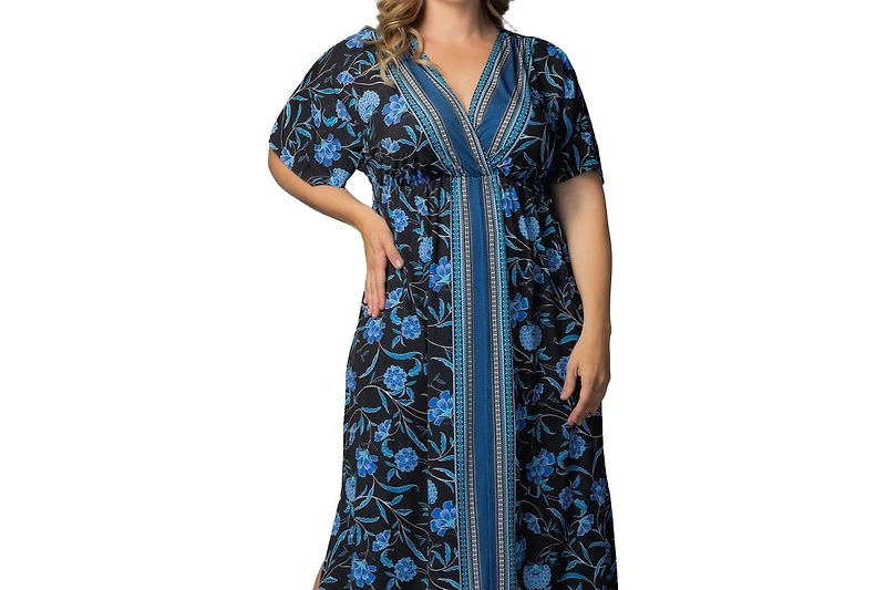 Kiyonna Plus Size Wanderlust Border Print Maxi Dress