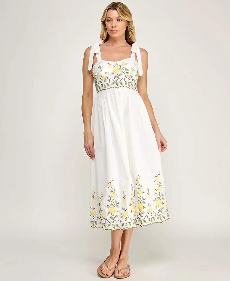 Row A Juniors' Tie-Shoulder Straps Embroidered Slim Sweetheart Neck Midi Dress