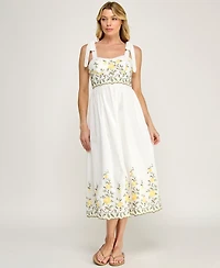 Row A Juniors' Tie-Shoulder Straps Embroidered Slim Sweetheart Neck Midi Dress