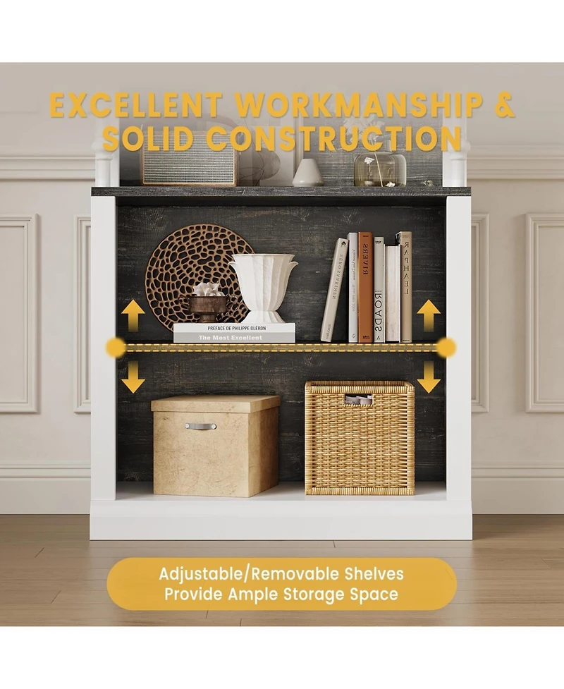 gaomon 5 tier open bookcase with Roman column design, Led lights, adjustable wood grain shelves, freestanding display storage.