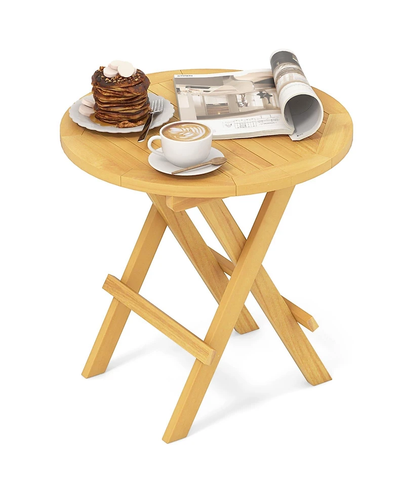 Gouun Folding Teak Wood Outdoor Side Table with X-Shaped Legs and Slatted Top, 20 x 20 in