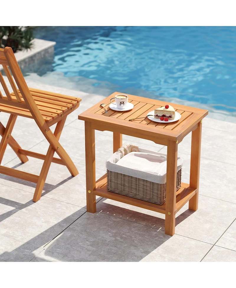 Gouun 2-Tier Acacia Wood Outdoor Side Table with Slatted Shelf, 19.5 x 14 x 20.5 inch.