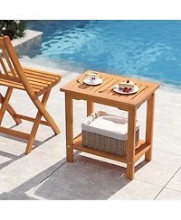 Gouun 2-Tier Acacia Wood Outdoor Side Table with Slatted Shelf, 19.5 x 14 x 20.5 inch.