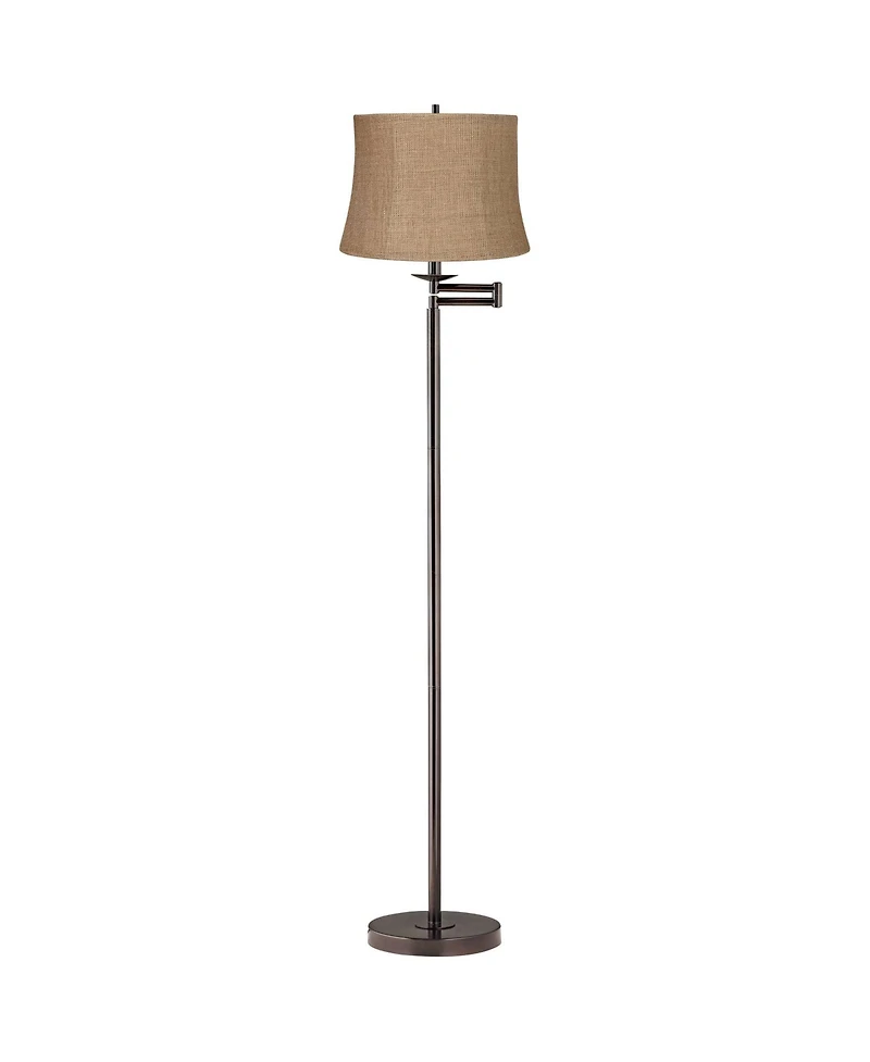 360 Lighting Modern Bronze Swing Arm Floor Lamp 60.5" Tall with Burlap Fabric Drum Shade for Living Room Reading Bedroom Office