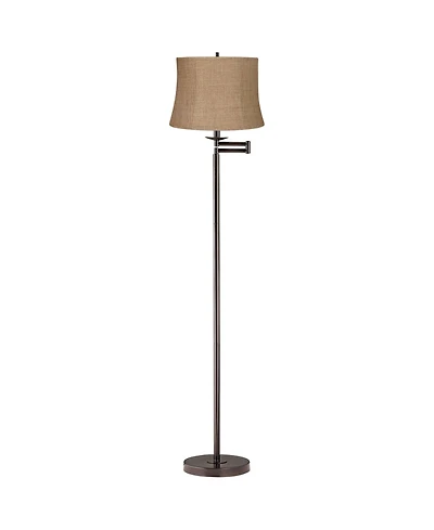 360 Lighting Modern Bronze Swing Arm Floor Lamp 60.5" Tall with Burlap Fabric Drum Shade for Living Room Reading Bedroom Office