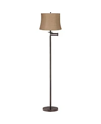 360 Lighting Modern Bronze Swing Arm Floor Lamp 60.5" Tall with Burlap Fabric Drum Shade for Living Room Reading Bedroom Office