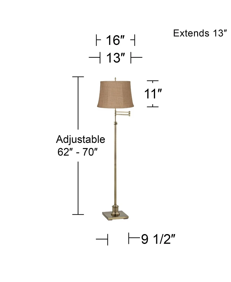 360 Lighting Swing Arm Floor Lamp Adjustable Height 70" Tall Antique Brass Burlap Fabric Drum Shade for Living Room Reading Bedroom
