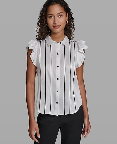 Karl Lagerfeld Paris Women's Ruffle Detail Sleeveless Collared Top